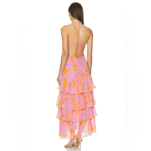 ASTR The Label Women's Large Aneira Dress Orange Purple Floral Maxi Ruffle Strap - Picture 3 of 16